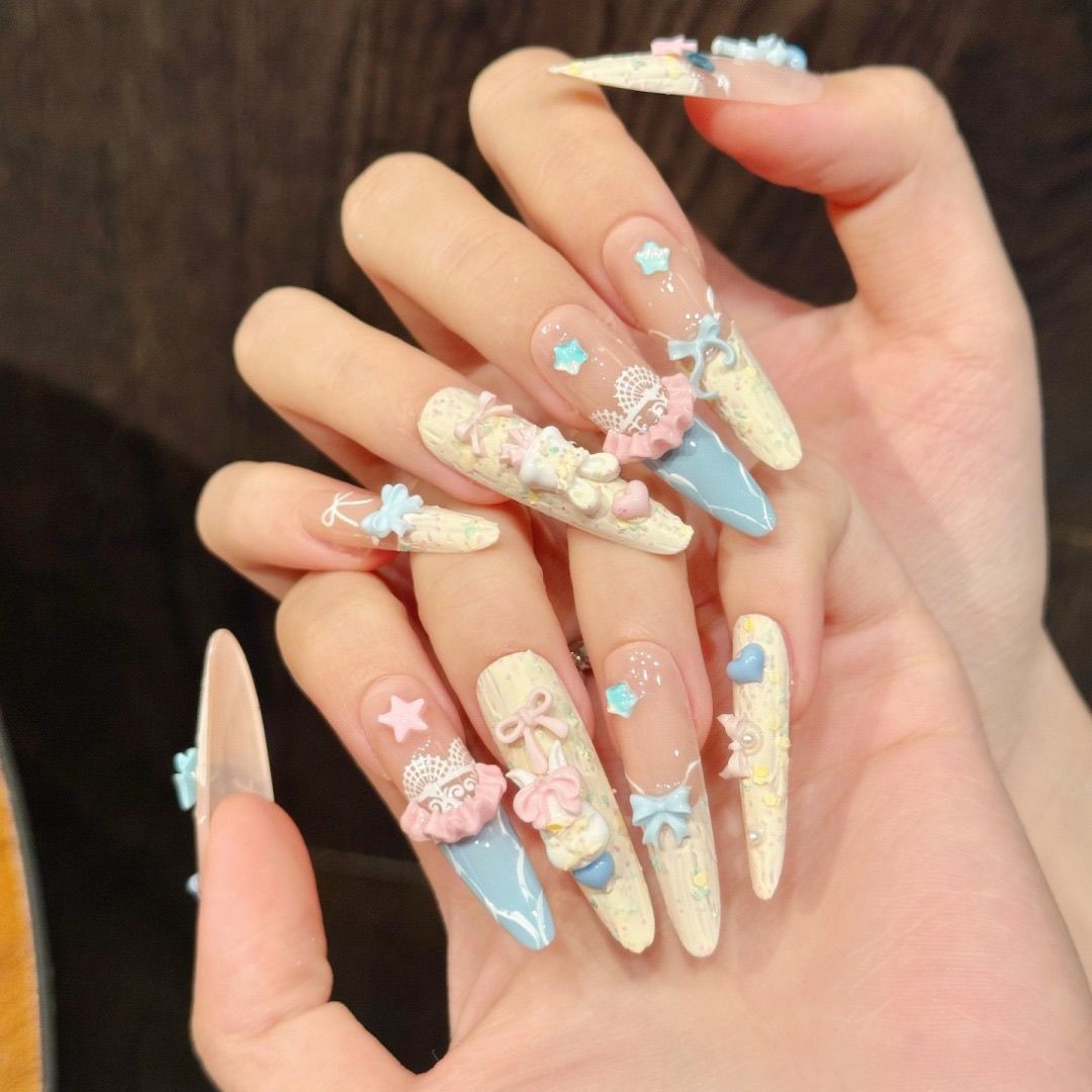 Long Almond Marshmallow Land Handmade Press On Nail Set