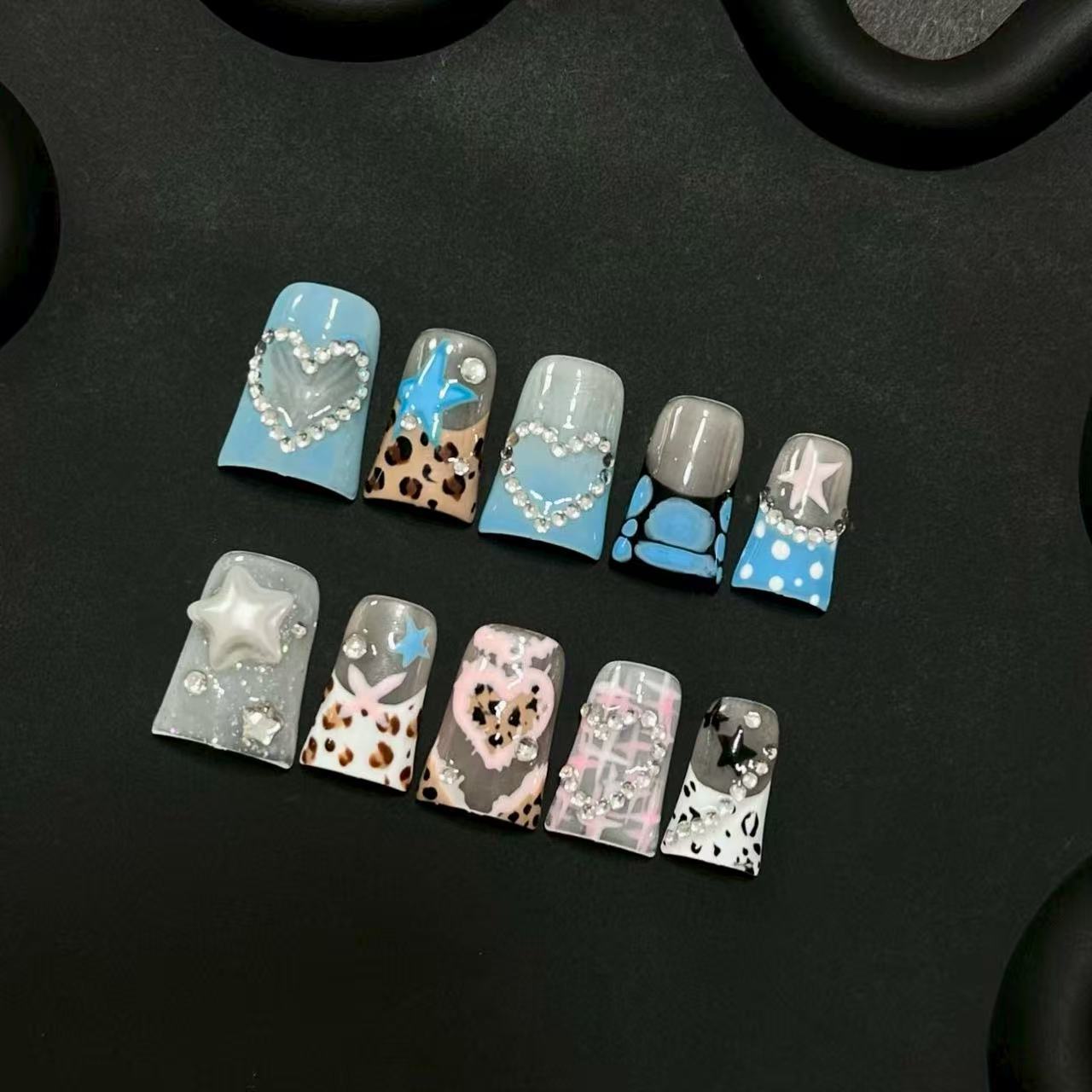 Duck Bill Star Leopard French Tips Handmade Press On Nail Set