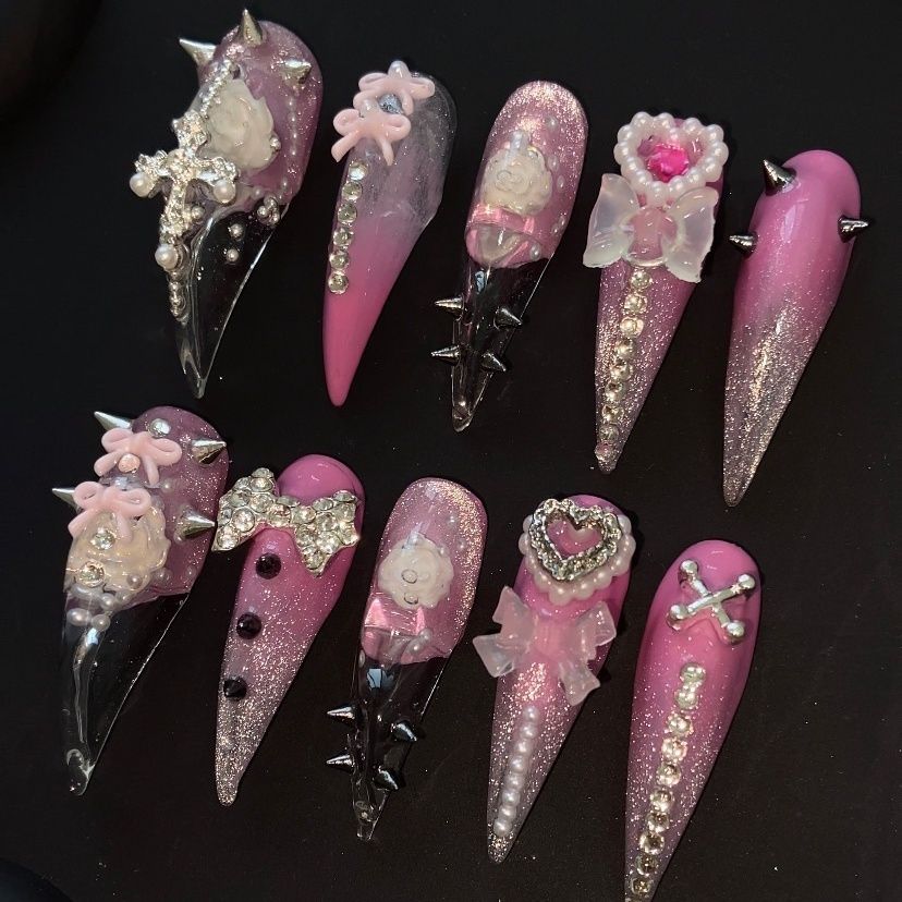 Ombre Pink Dragon Claw Vintage Rose Studded Butterfly Handmade Press On Nail Set