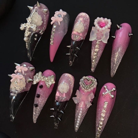 Ombre Pink Dragon Claw Vintage Rose Studded Butterfly Handmade Press On Nail Set