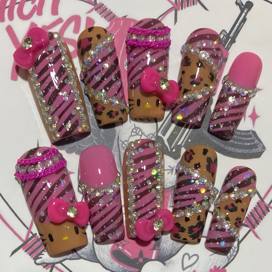Long Coffin Black Skin Kitty Gyaru Leopard Handmade Press On Nail Set