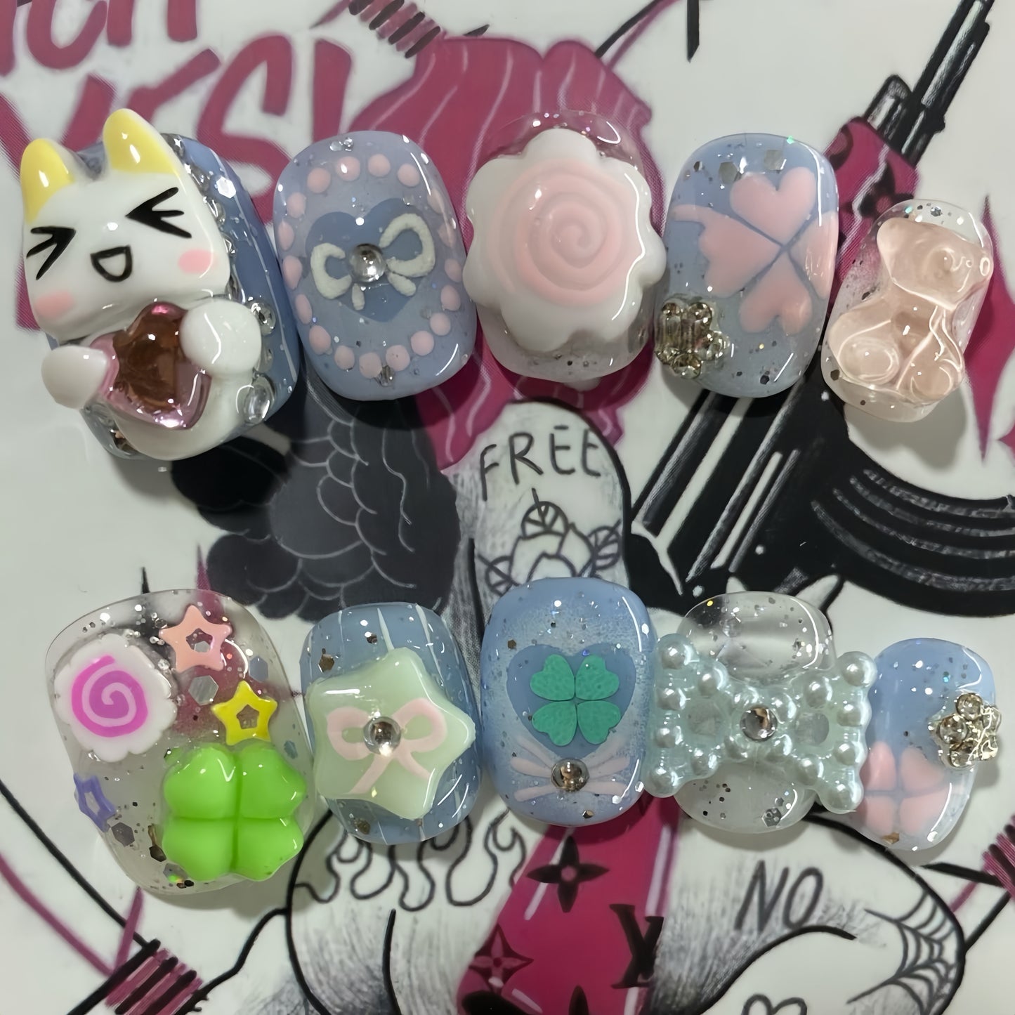 Short Round Monokuro Handmade Press On Nail Set