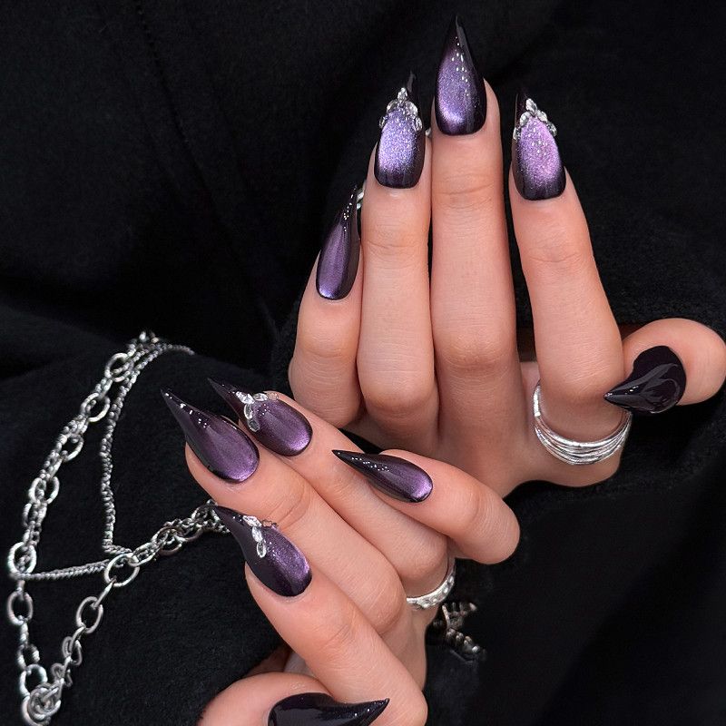 Violet Dragon Claw Midnight Amethyst Cat Eye Handmade Press On Nail Set
