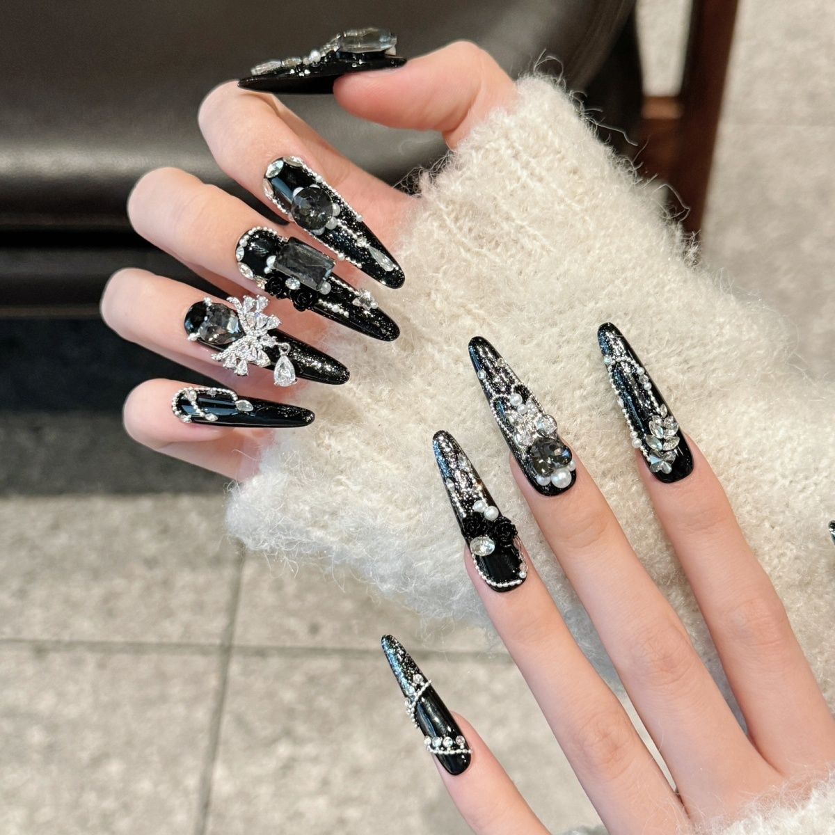 Long Almond Dark Rococo Handmade Press On Nail Set