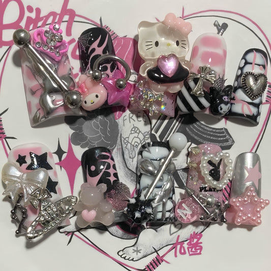 Medium Duck ASSC Kitty Handmade Press On Nail Set