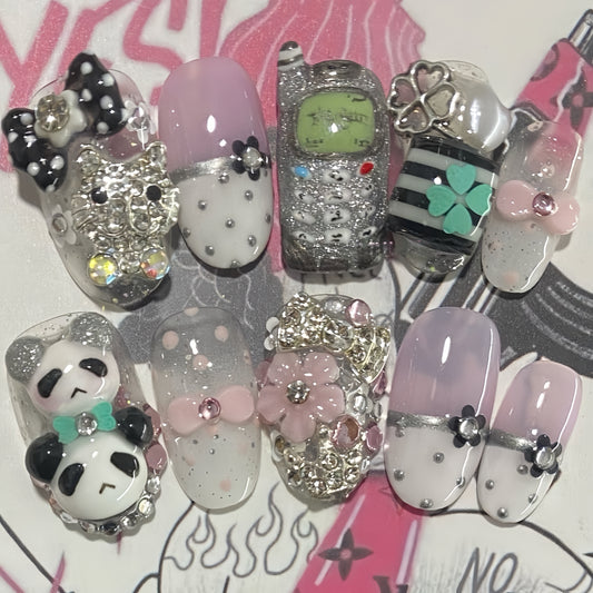 Medium Almond Text Message Panda Handmade Press On Nail Set