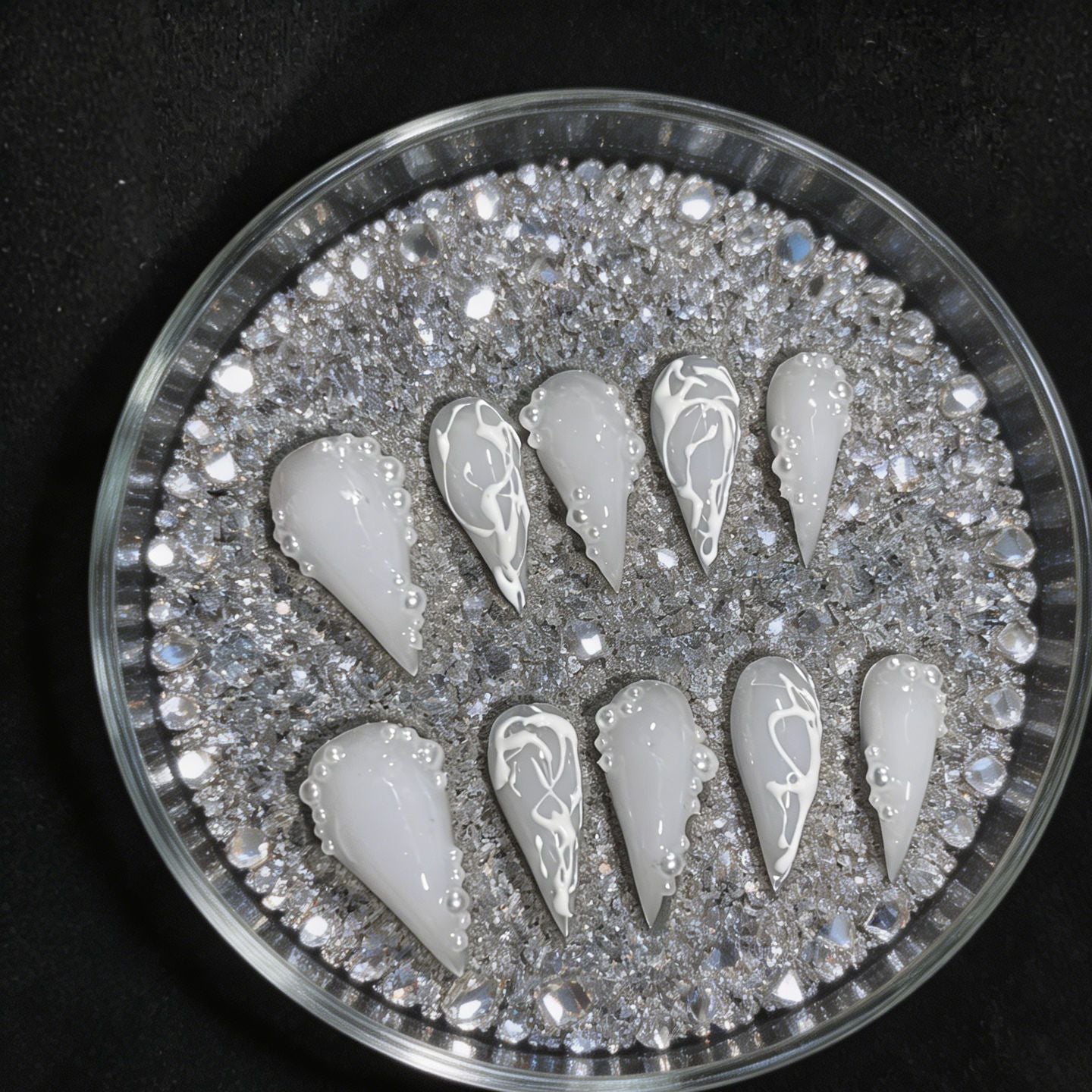 Milk White Dragon Claw 3D Pearl Handmade Press On Nail Set