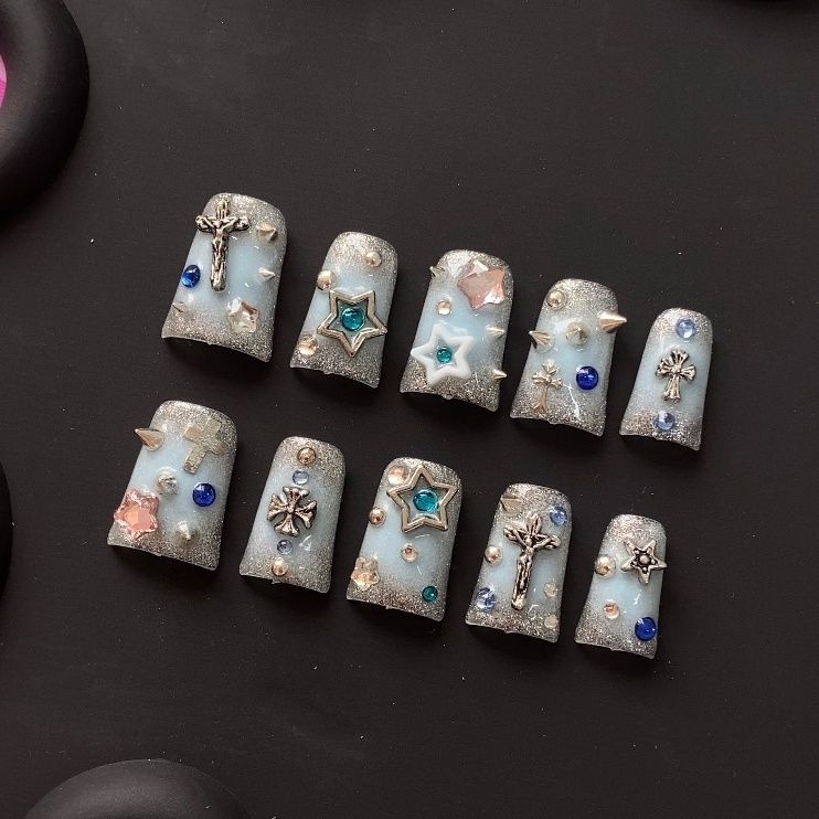 Blue Duck Bill Punk Glitter Handmade Press On Nail Set