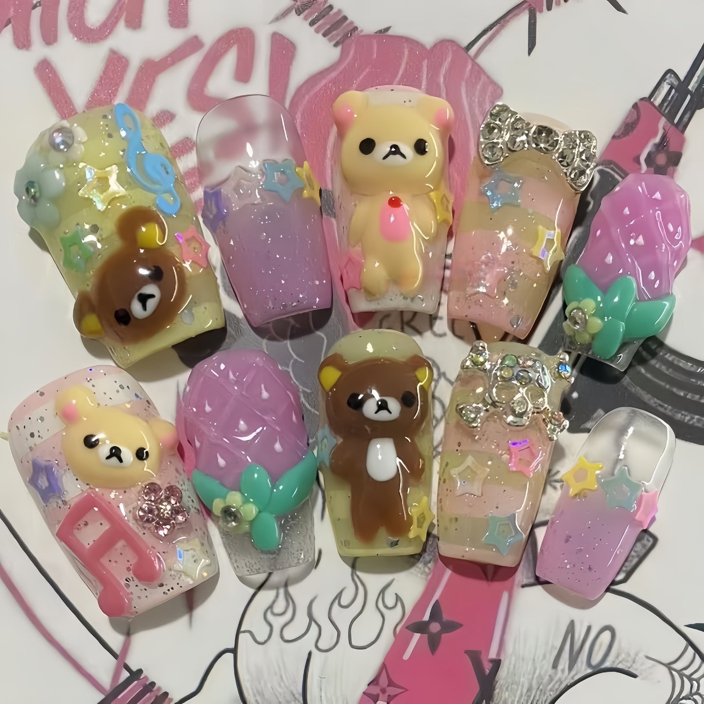 Medium Coffin Rilakkuma Handmade Press On Nail Set
