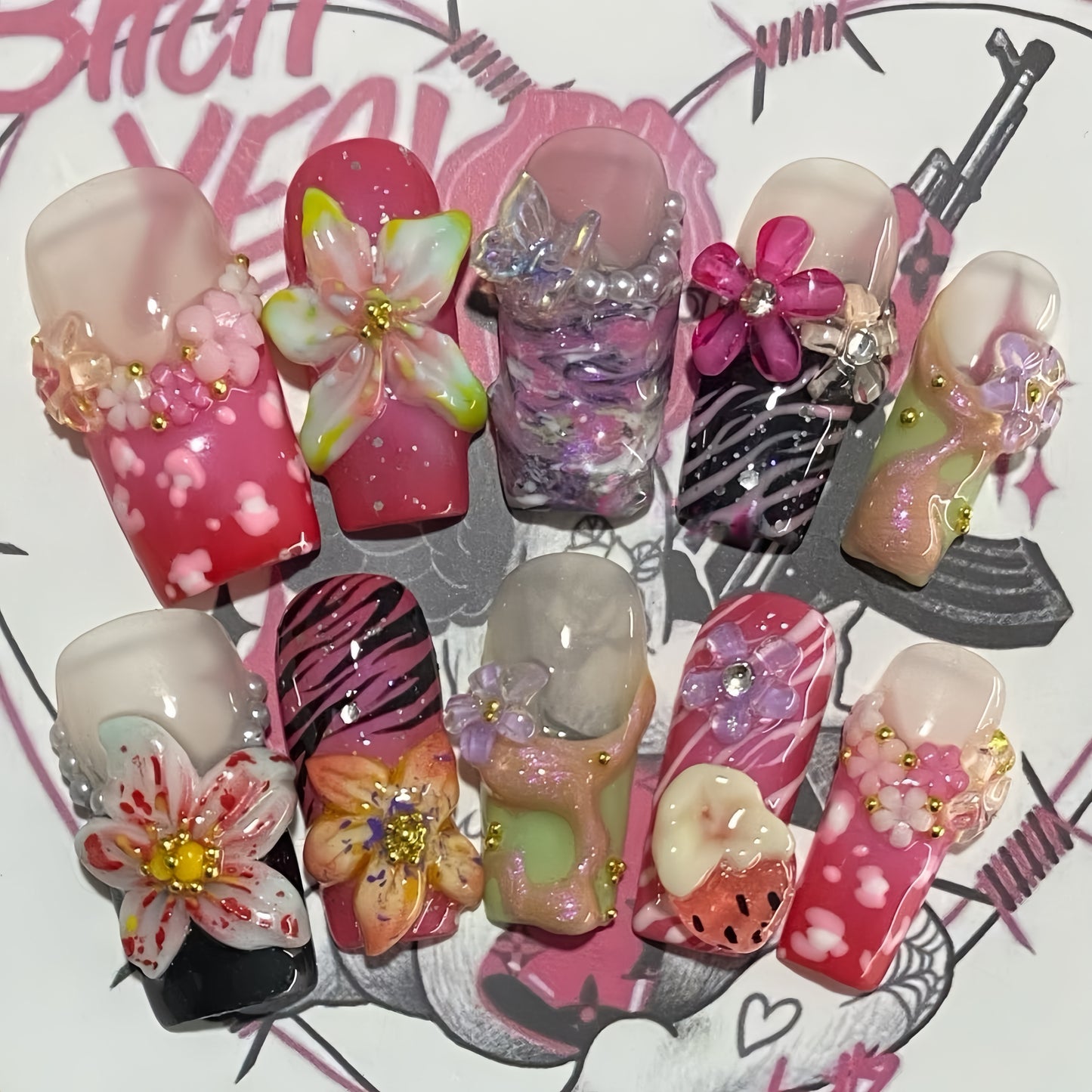 Medium Coffin Extreme Orchid Handmade Press On Nail Set