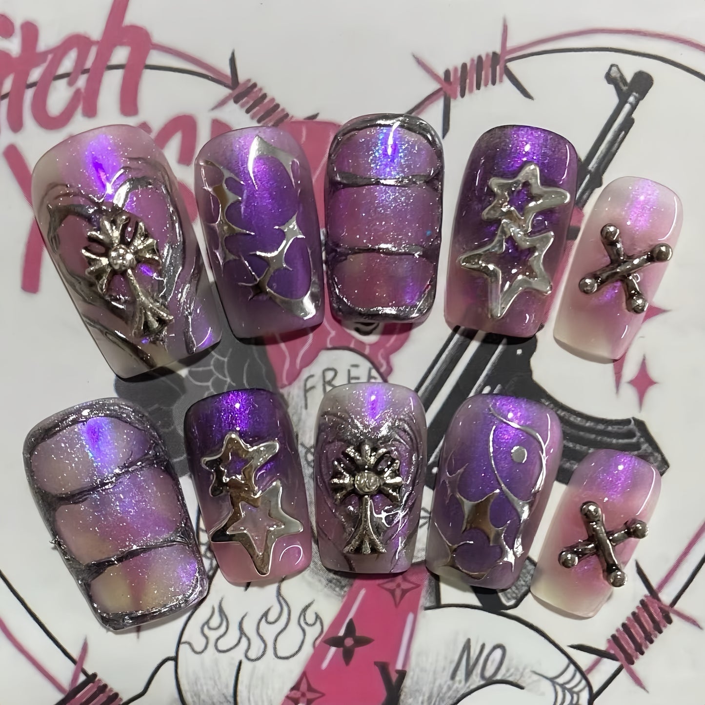 Purple Medium Square Gothic Prism Handmade Press On Nail Set