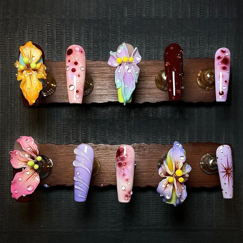 Long Coffin Flower Design Devil‘s Dopamine Handmade Press On Nail Set