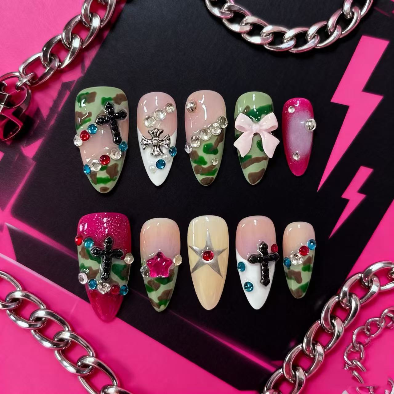 Almond Camo Cross Handmade Press On Nail Set