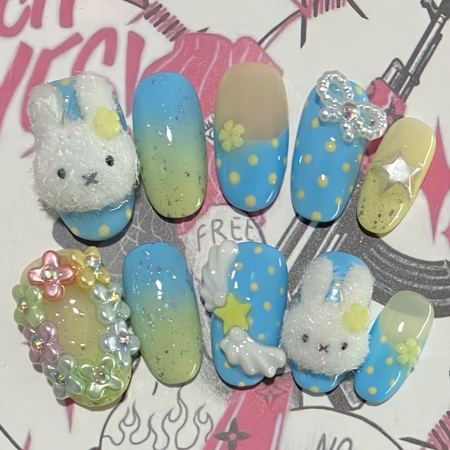 Medium Almond Fluffy Miffy Polka Dot Park Handmade Press On Nail Set