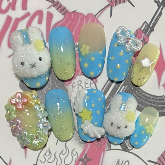 Medium Almond Fluffy Miffy Polka Dot Park Handmade Press On Nail Set