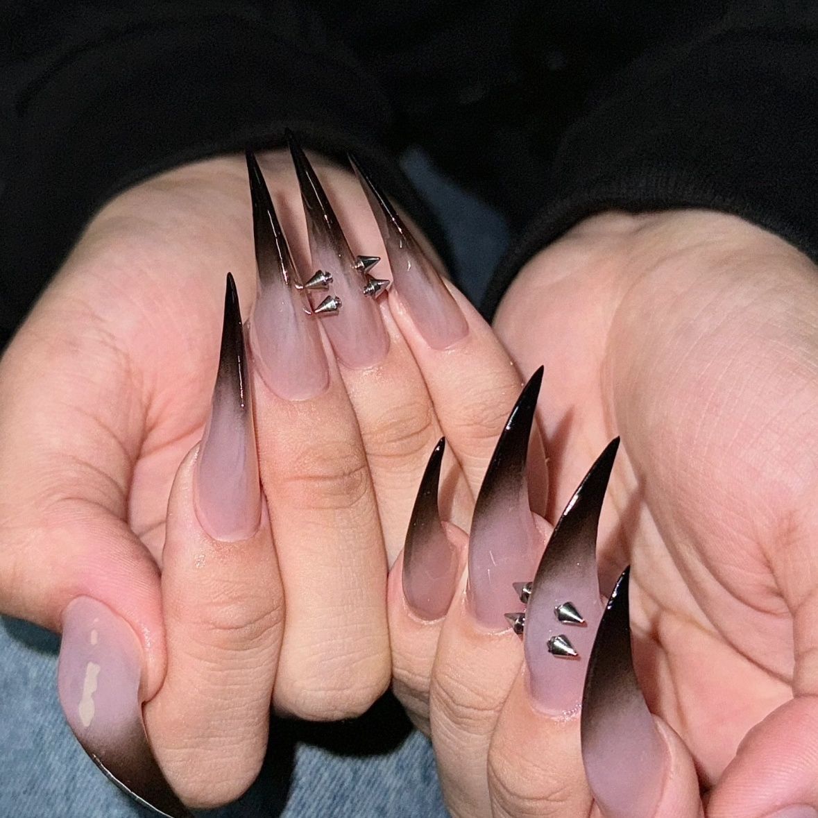 White & Black Ombre Dragon Claw Studded Handmade Press On Nail Set