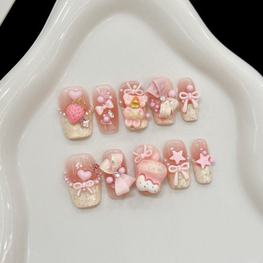 Medium Coffin Bear Macaron Bow Blush Handmade Press On Nail Set