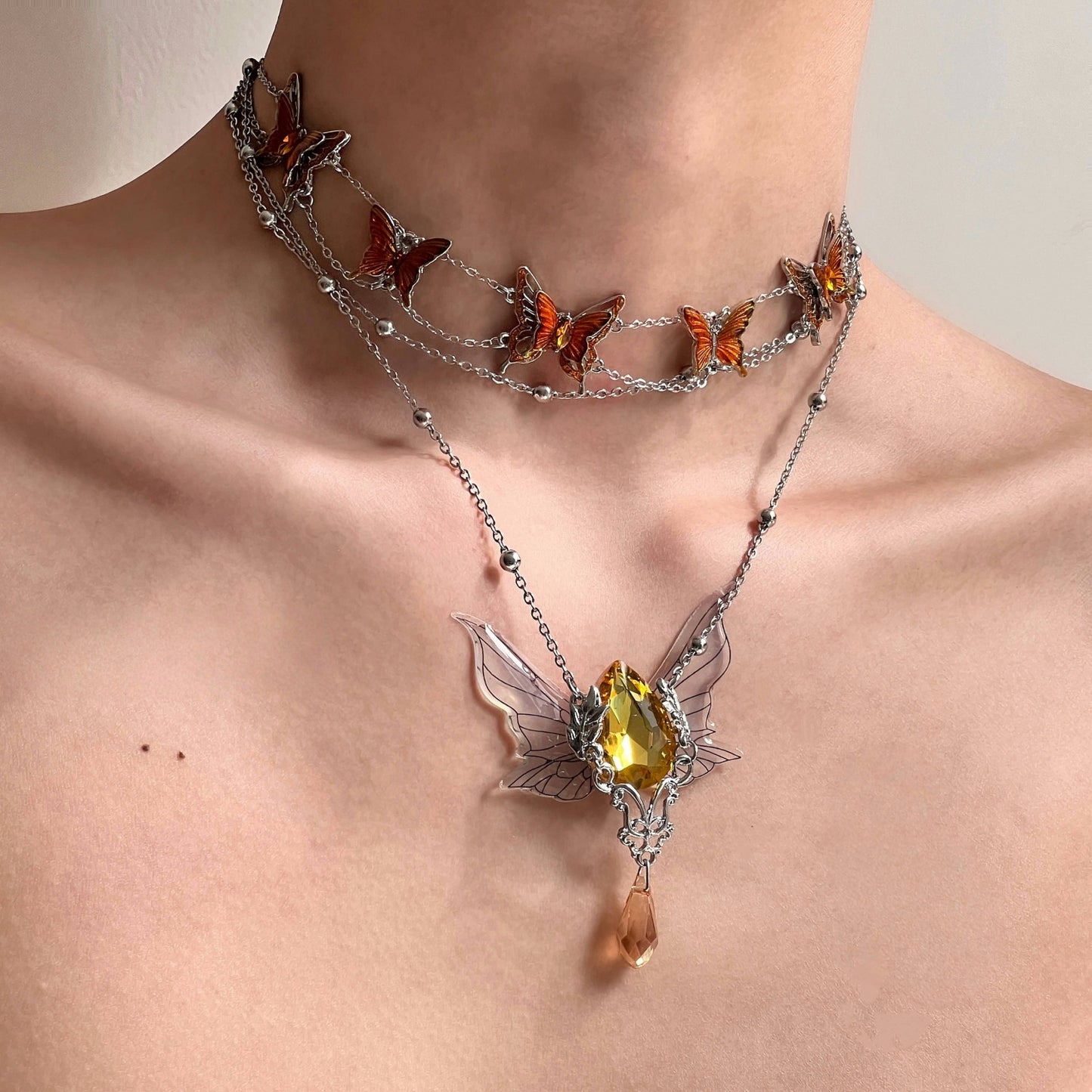 Cicada Wing & Butterfly Layered Necklace Featuring Maillard Style