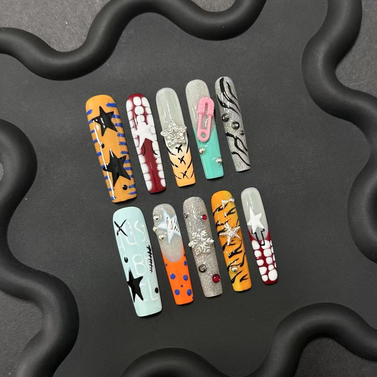 Black Long Duck Bill Star Croc Sweet Goth French Design Handmade Press On Nail Set