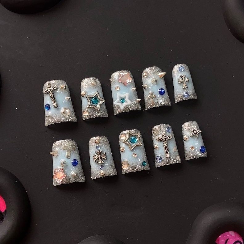 Blue Duck Bill Punk Glitter Handmade Press On Nail Set