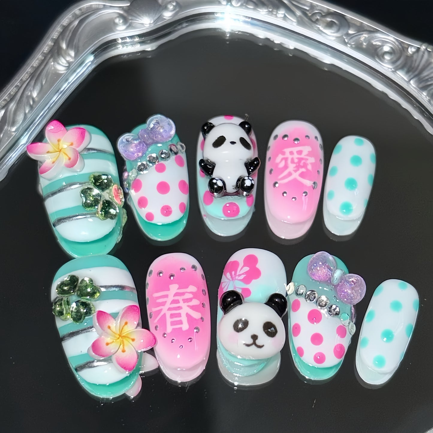 Medium Almond Showa Panda Handmade Press On Nail Set