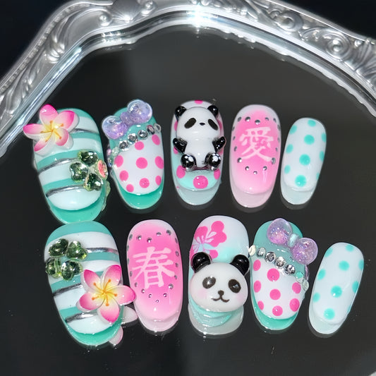 Medium Almond Showa Panda Handmade Press On Nail Set