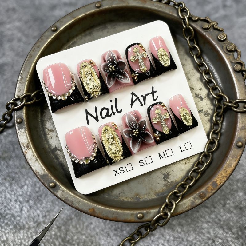 Duck Bill 3D Flower Design Rhinestone Cross Handmade Press On Nail Set