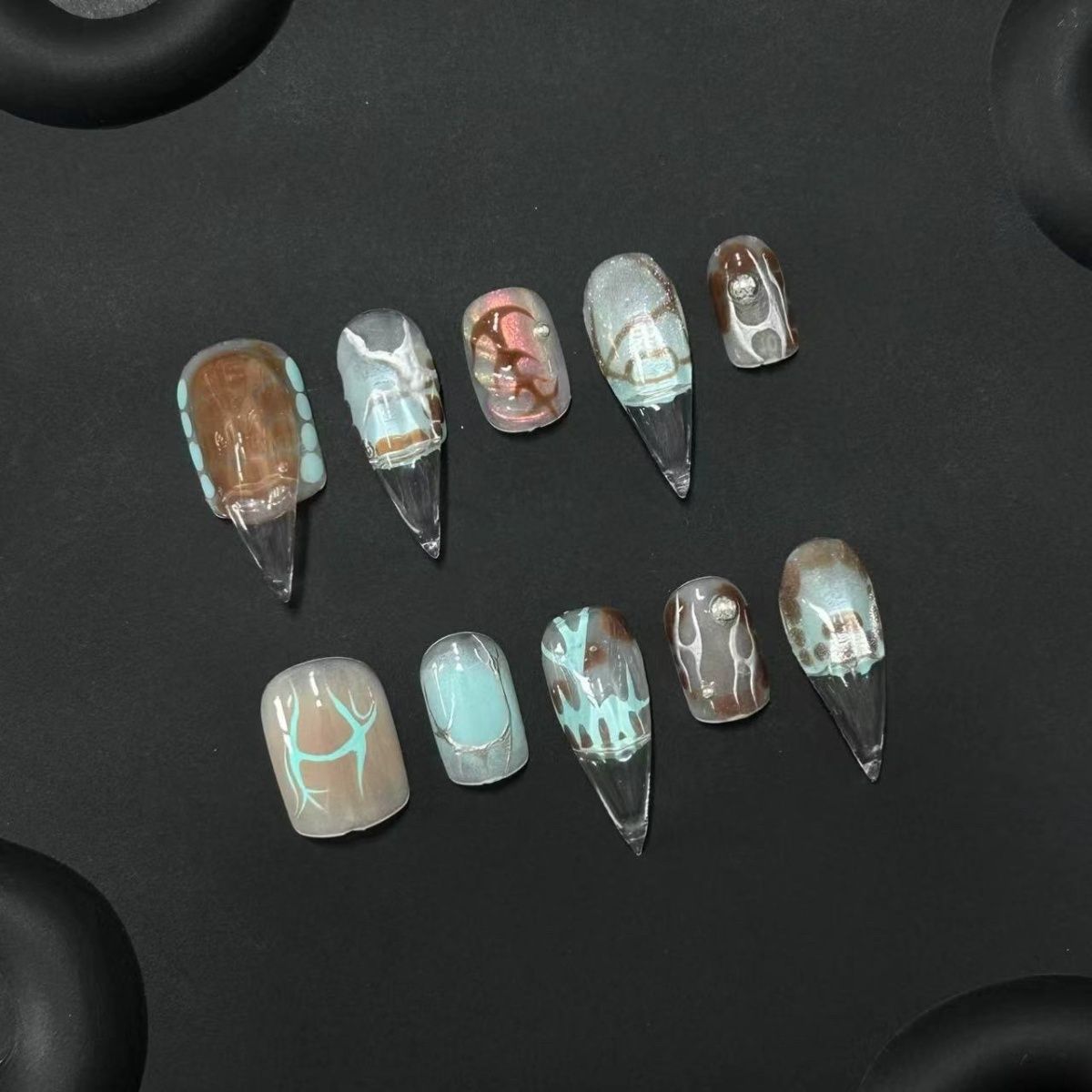 Mixed-Length Mixed-Shape Dragon Claw Mint Green Handmade Press On Nail Set