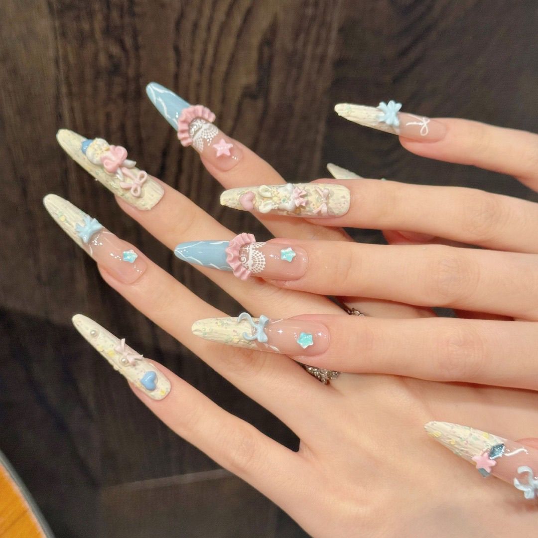 Long Almond Marshmallow Land Handmade Press On Nail Set