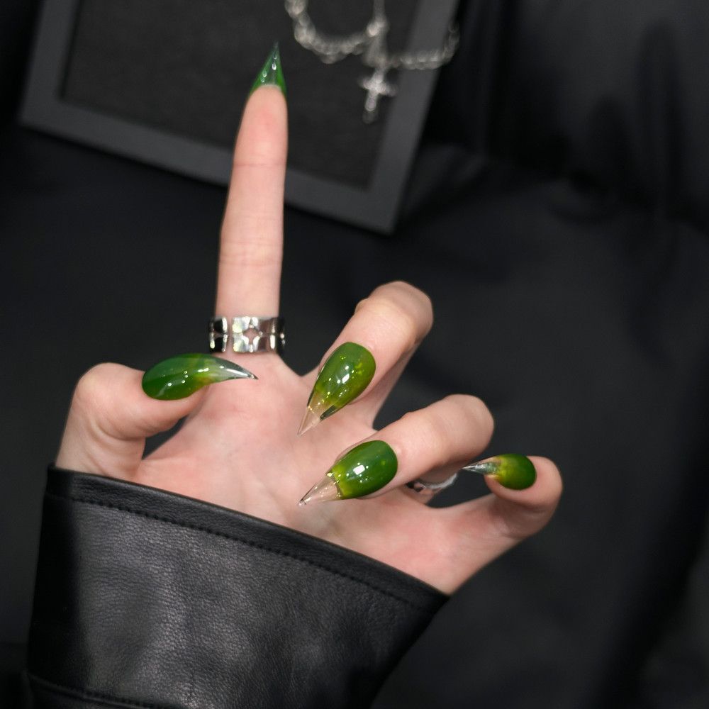 Green Dragon Claw Emerald Ombre Cat Eye Handmade Press On Nail Set