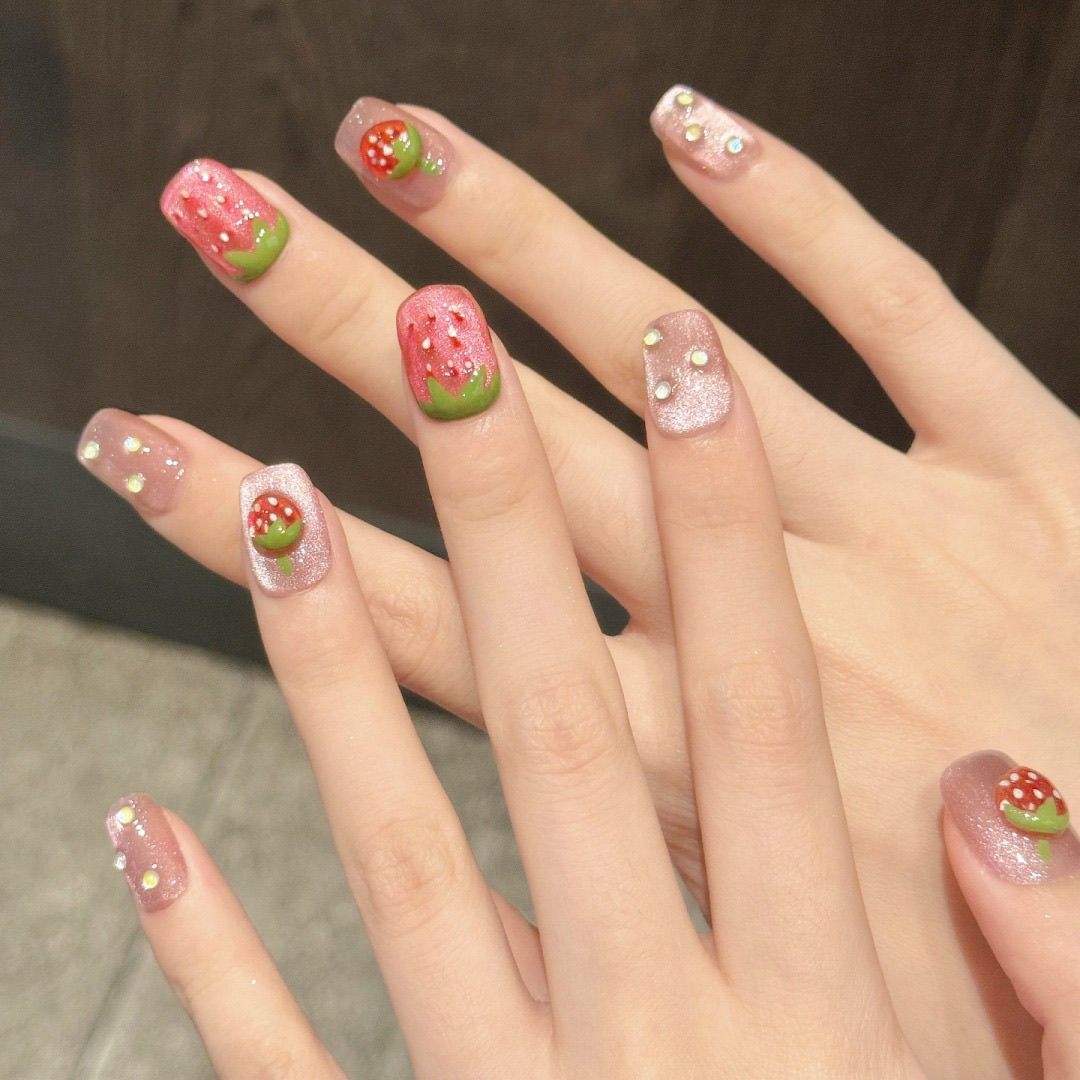Short Square 3D Strawberry Candy Cat Eye Handmade Press On Nail Set