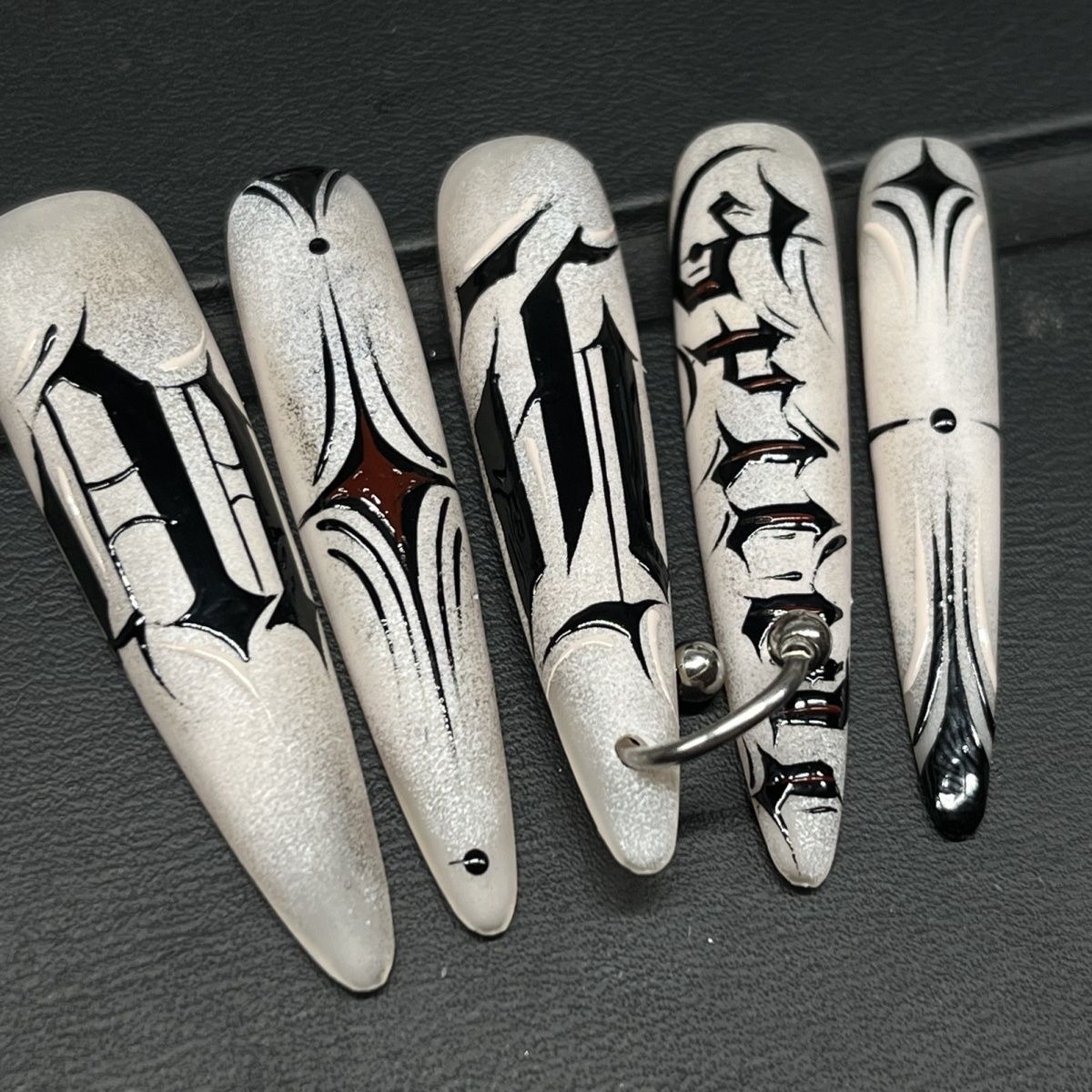 Long Almond Gothic Writing Handmade Press On Nail Set