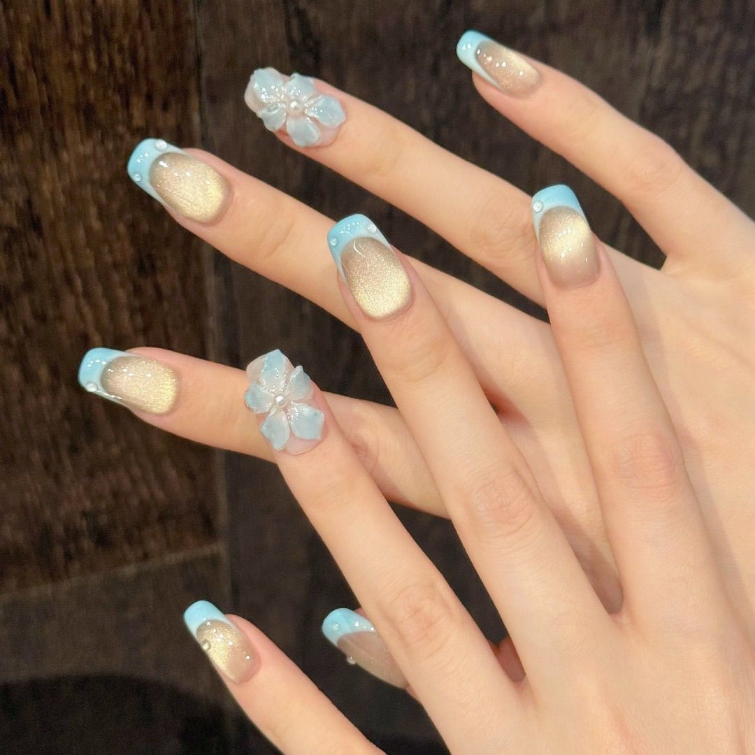 Medium Coffin Sea Salt Ice Flower French Cat Eye Handmade Press On Nail Set