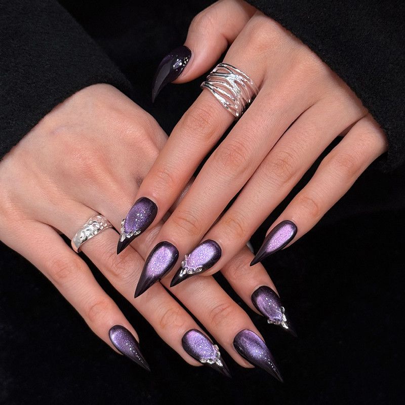 Violet Dragon Claw Midnight Amethyst Cat Eye Handmade Press On Nail Set