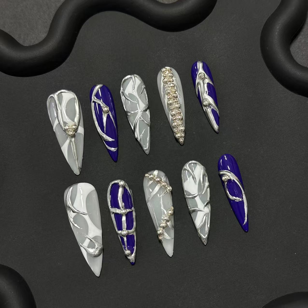 Long Almond Punk Liquid Metal Handmade Press On Nail Set