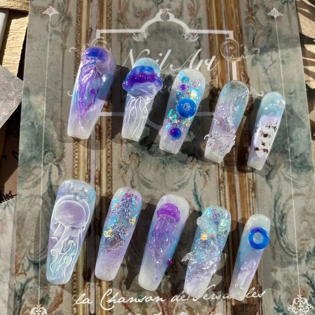 Glow-in-the-Dark Long Coffin 3D Hand-Sculpted Jellyfish Handmade Press On Nail Set