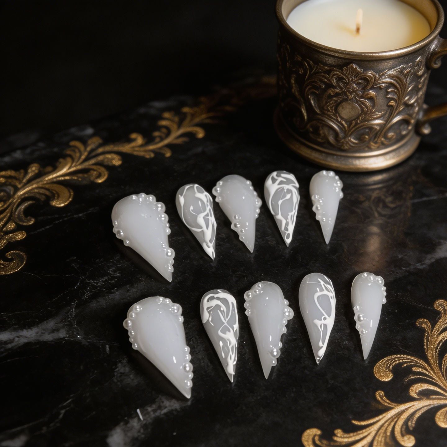 Milk White Dragon Claw 3D Pearl Handmade Press On Nail Set