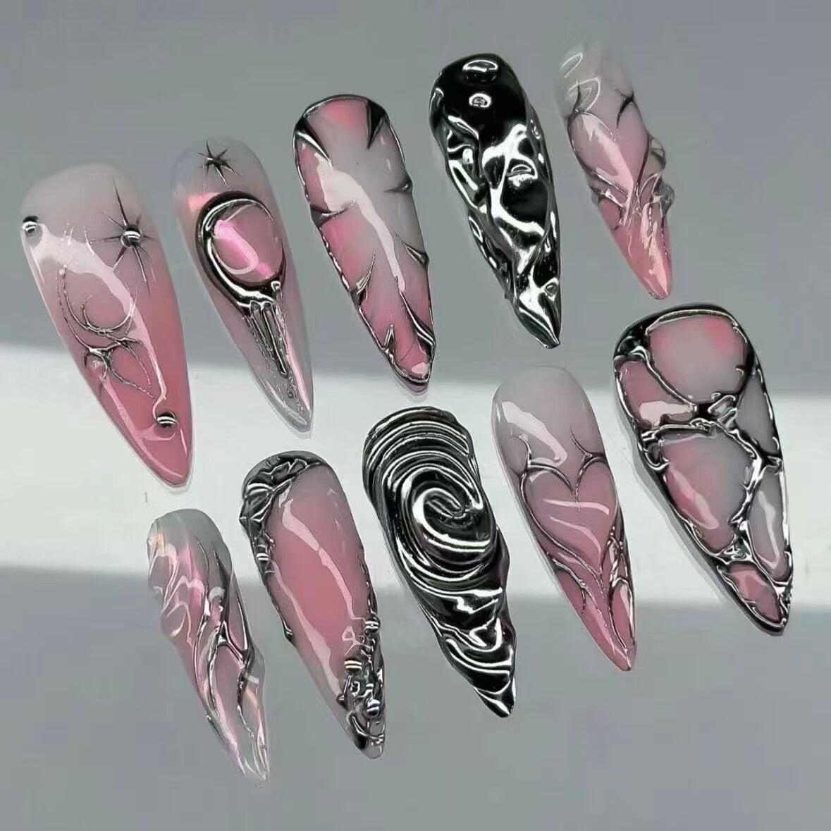Pink Chrome Long Almond Aurora Cat Eye Gothic Handmade Press On Nail Set