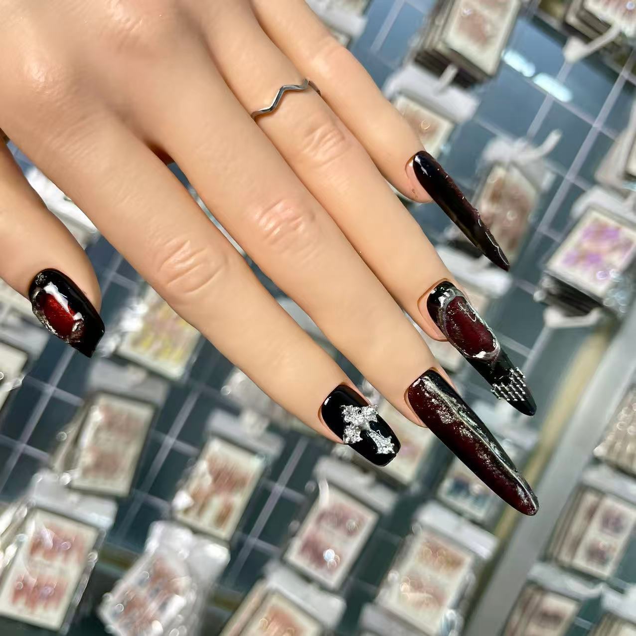 Mixed-Length Mixed-Shape Stiletto Blood Moon Cat Eye Gothic Handmade Press On Nail Set