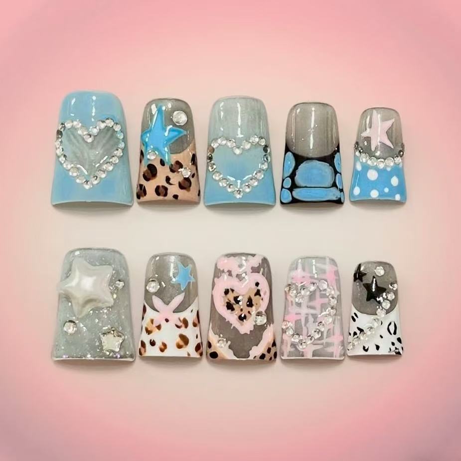 Duck Bill Star Leopard French Tips Handmade Press On Nail Set