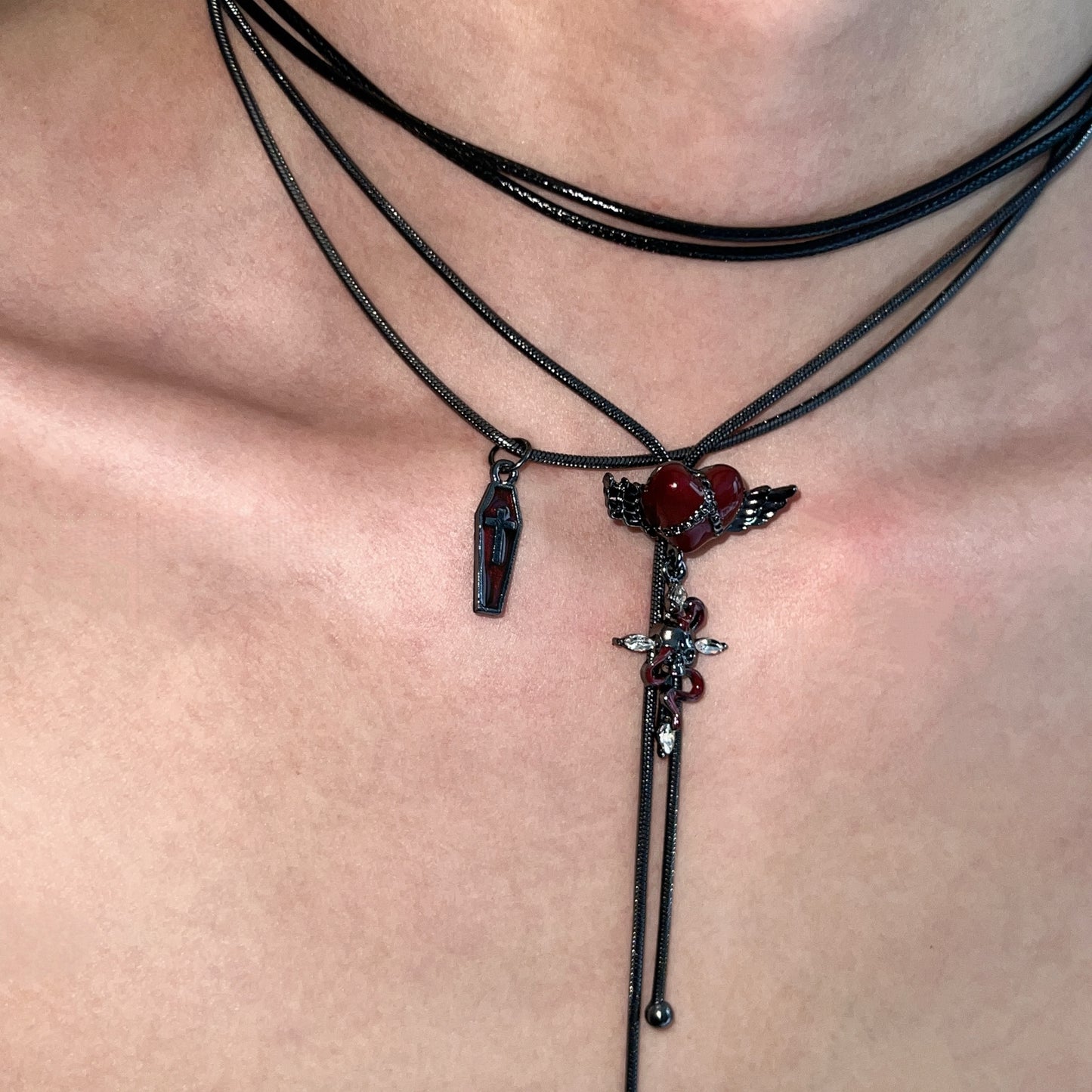 Multi-layer Dark Cross Heart Necklace
