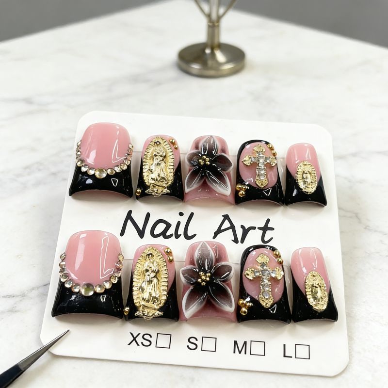 Duck Bill 3D Flower Design Rhinestone Cross Handmade Press On Nail Set