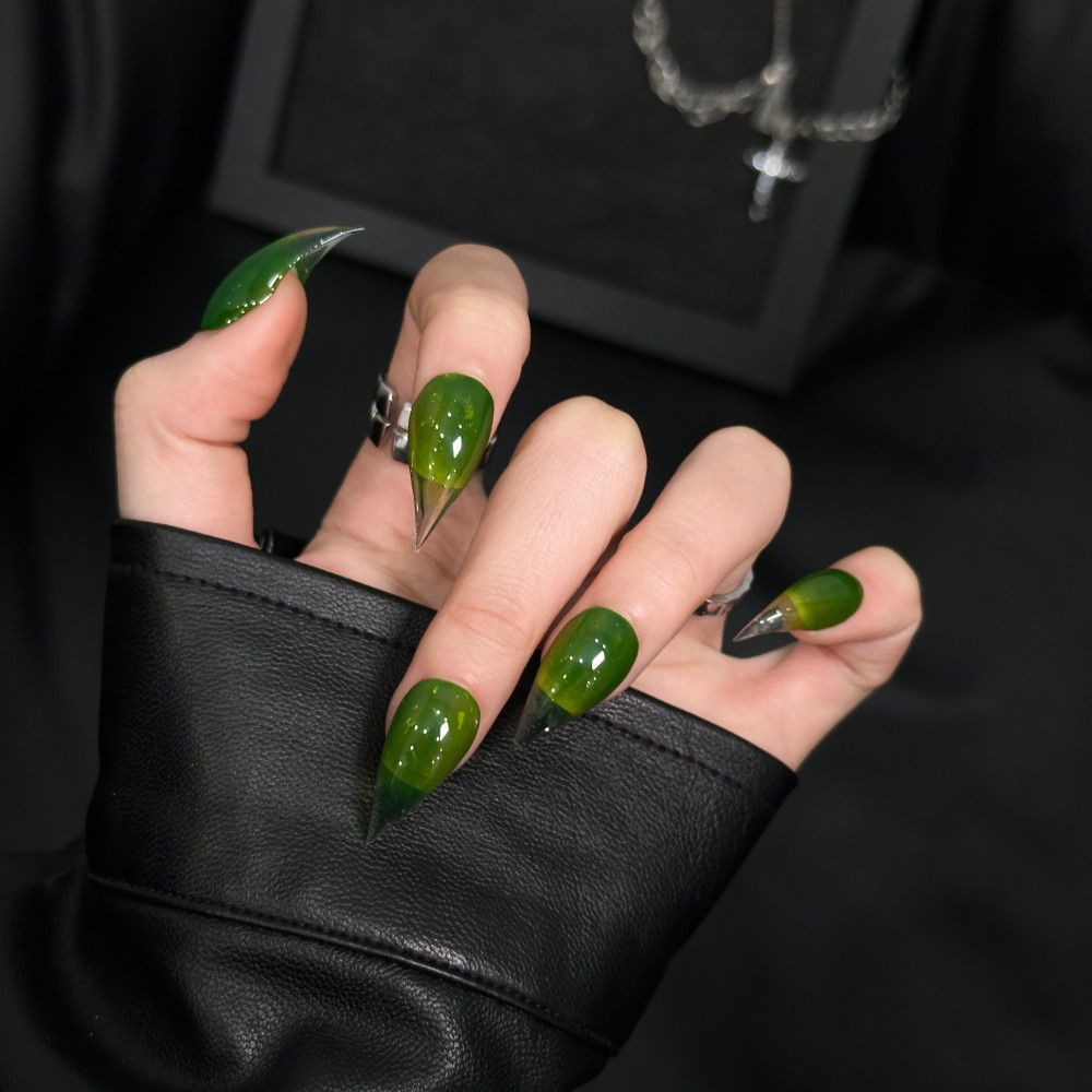 Green Dragon Claw Emerald Ombre Cat Eye Handmade Press On Nail Set