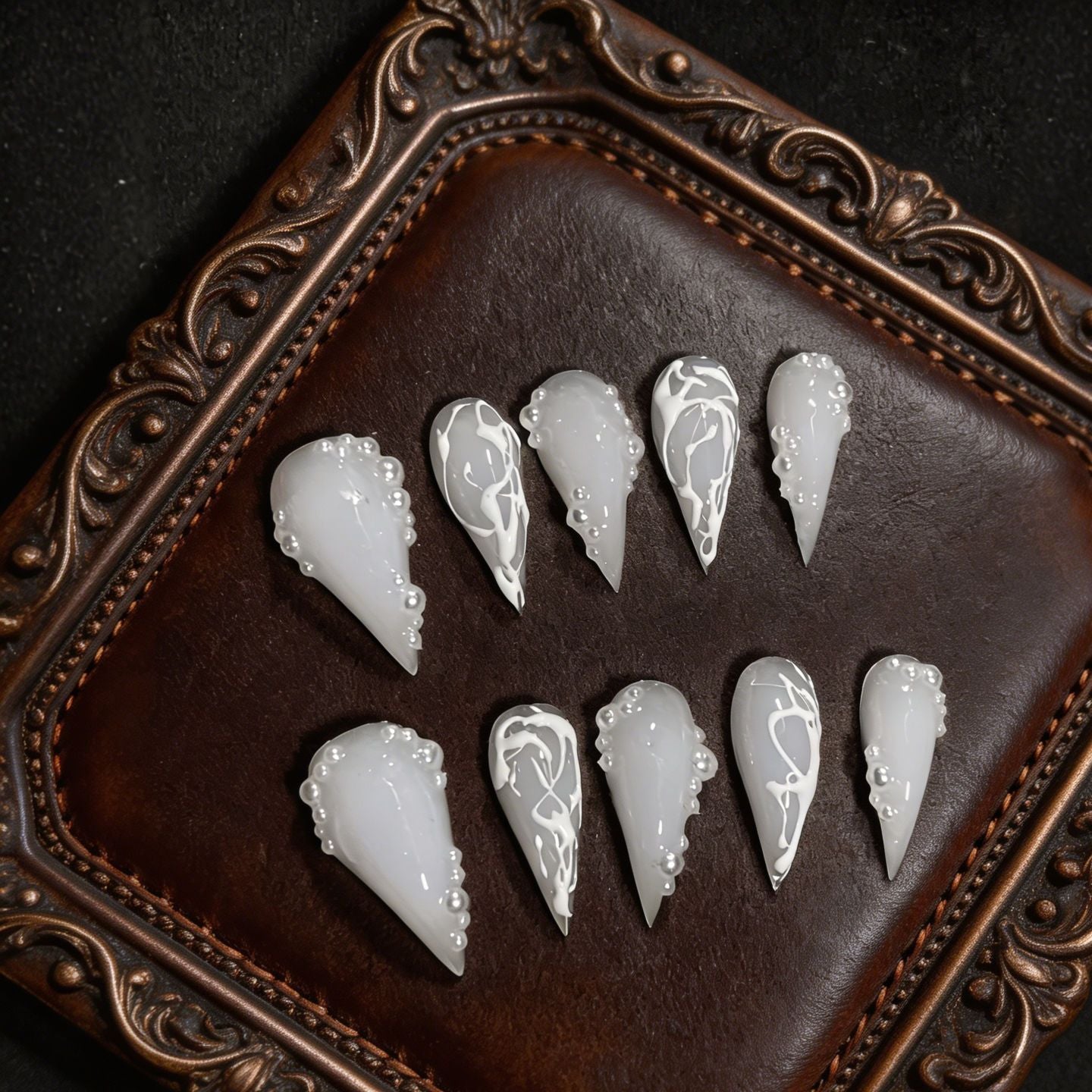 Milk White Dragon Claw 3D Pearl Handmade Press On Nail Set