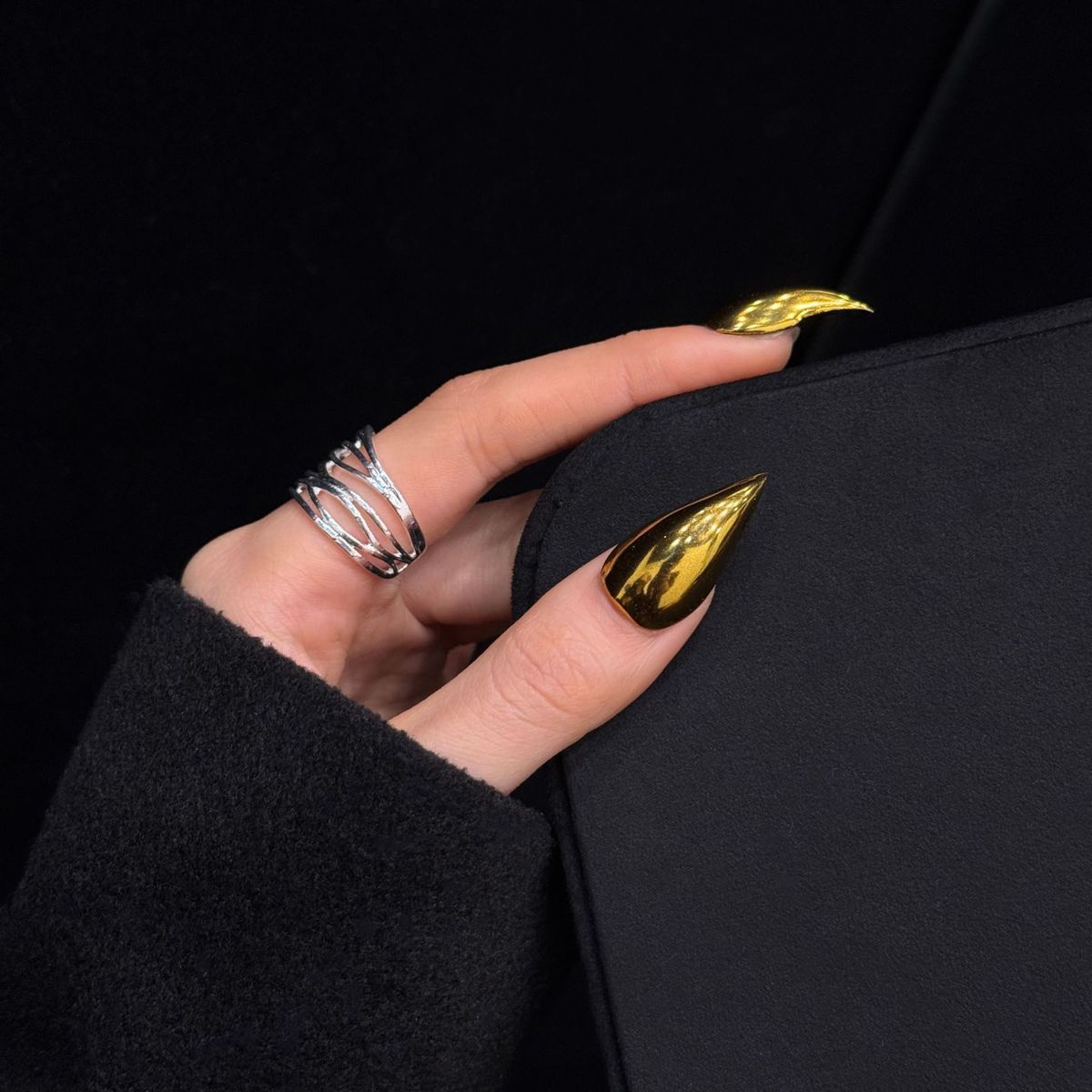 Gold Dragon Claw Molten Mirror Handmade Press On Nail Set