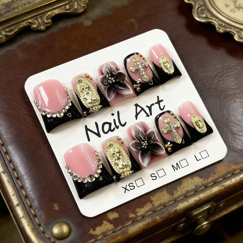 Duck Bill 3D Flower Design Rhinestone Cross Handmade Press On Nail Set
