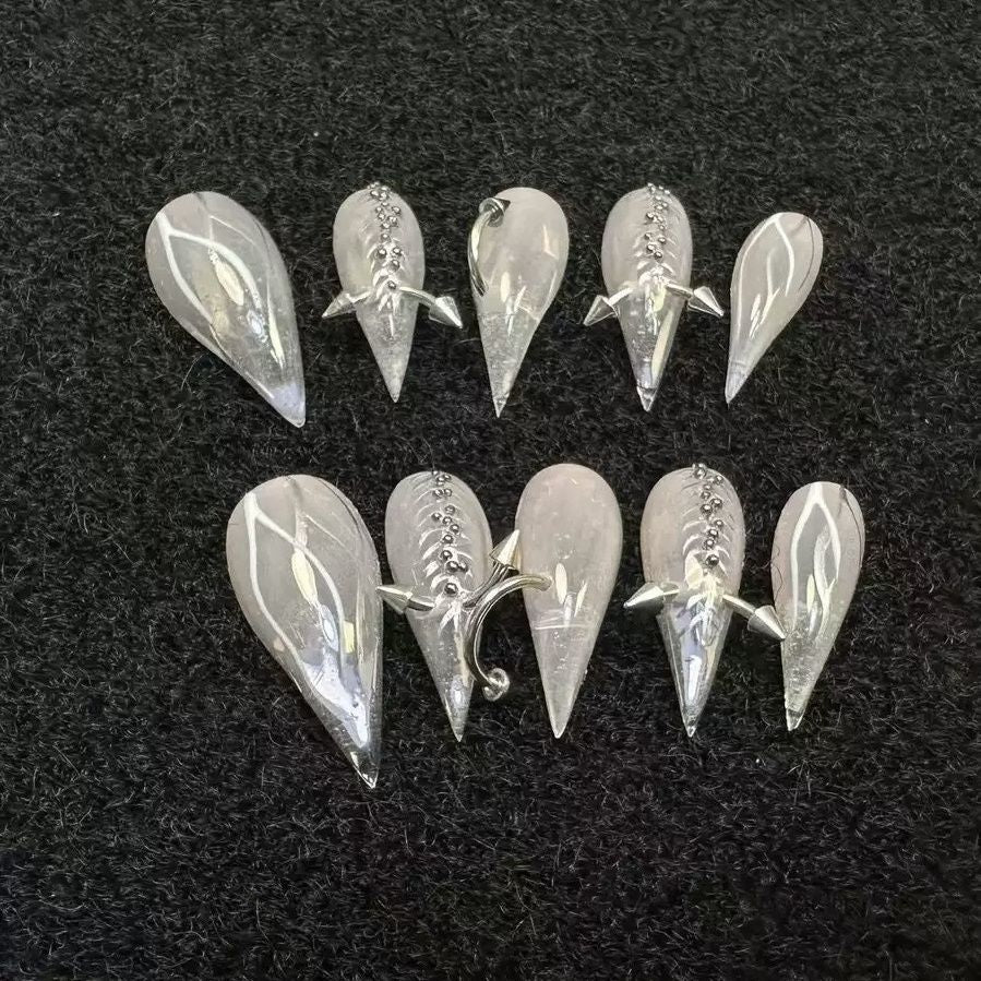 Nude Dragon Claw Pierced Metal Handmade Press On Nail Set