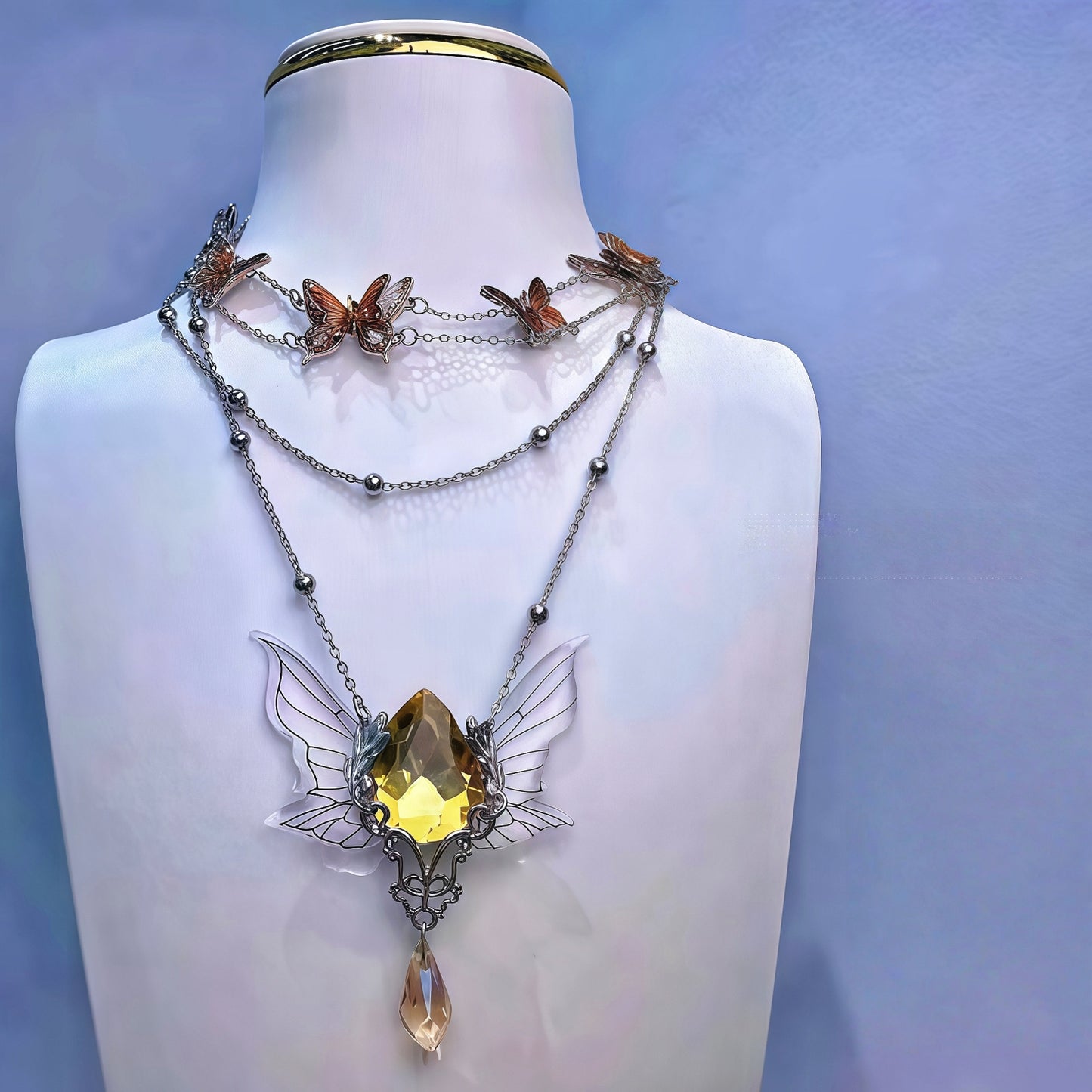 Cicada Wing & Butterfly Layered Necklace Featuring Maillard Style