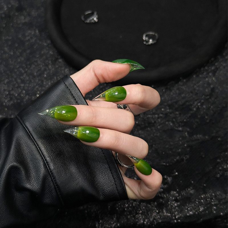 Green Dragon Claw Emerald Ombre Cat Eye Handmade Press On Nail Set