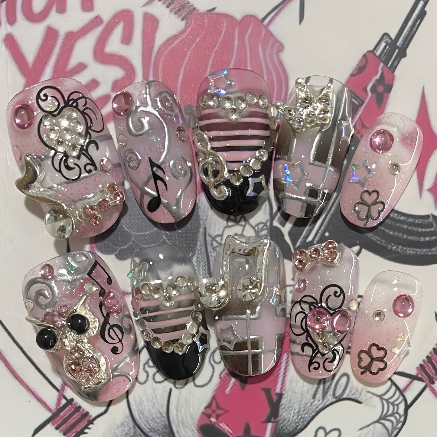Medium Round Pink Stripe Owl Y2K Soundtrack Handmade Press On Nail Set